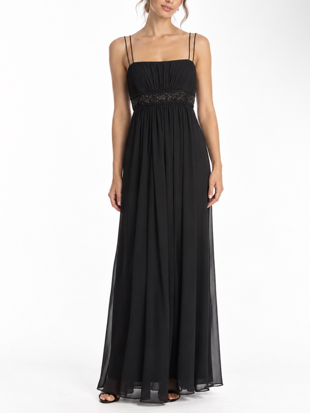 Black Chiffon Maxi Dress Goth Prom Empire Waist Floral Beaded Strappy Formal 12